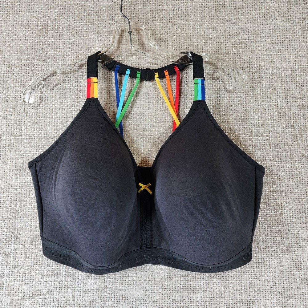 Cacique Pride Full Coverage No Wire Bra 42H Black Rainbow Straps Racerback LGBTQ